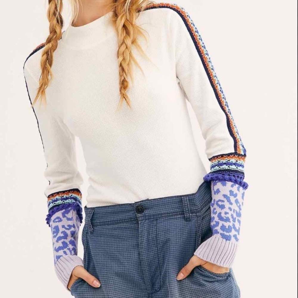 Free People White Long Sleeve Top with Purple Accents